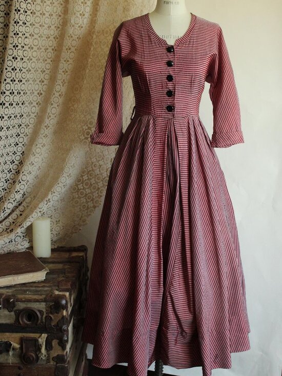 Vintage Dresses & Skirts - Vintage 1940s Dress, Dolly Myers Inc Pink and Black Striped Silk New Look, Full